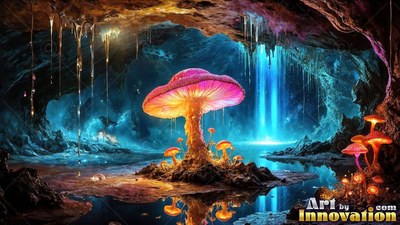 Bright pink gills on a giant mushroom standing near a blue waterfall inside a cavern