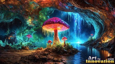 A giant mushroom stands in a rocky cave with bright blue water pouring behind it