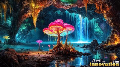 Standing upright in a cave, pink mushrooms grow near a blue waterfall