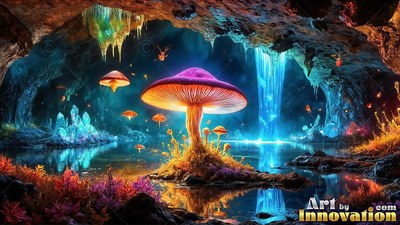 A bright pink mushroom rises from a pool inside a rocky cavern with a waterfall