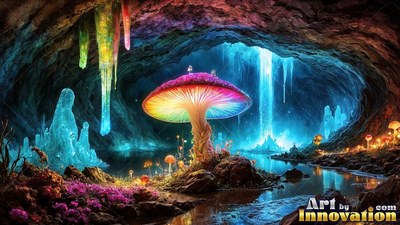 In a rocky cave, a rainbow mushroom grows by blue crystal stalagmites