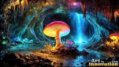 Sp routing beside a cave pool, a red mushroom shines under falling blue light