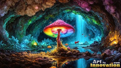 A rainbow mushroom stands inside a rocky cave with a blue waterfall
