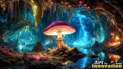 Bright underbelly of a giant purple mushroom shines inside a blue rocky cavern with pools