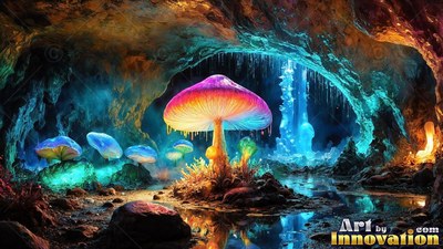 A bright mushroom stands inside a rocky cavern, shining with warm yellow light under a purple cap