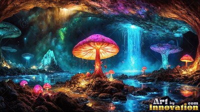 Standing upright in a deep cave, a bright pink mushroom grows by water