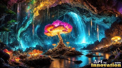 A pink and yellow mushroom tree stands in a dark cave by blue water waterfalls