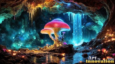 Inside a dim cave, a bright red mushroom grows near a blue waterfall