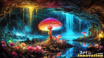 Shining inside a dim cave, a red mushroom rises above blue water and flowers