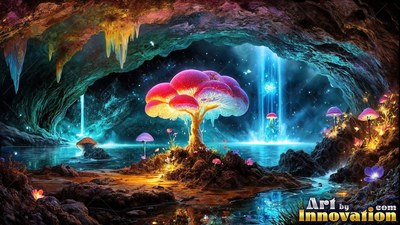A bright pink mushroom tree inside a blue cave pool