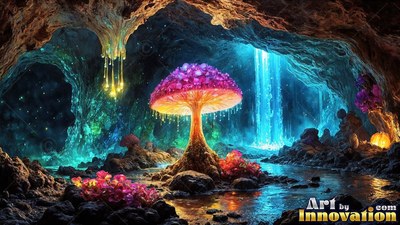A pink crystal cap tops a bright mushroom inside a rocky cavern with a waterfall