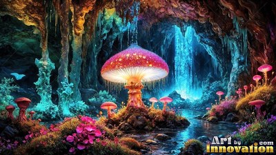 A large mushroom rises in a deep cave beside water, its pink cap shining yellow from underneath
