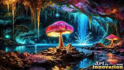Standing upright on rocks in a cave, a bright pink mushroom shines near water