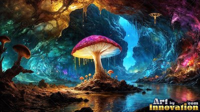 A pink mushroom shines by water inside a dark, rocky blue cavern