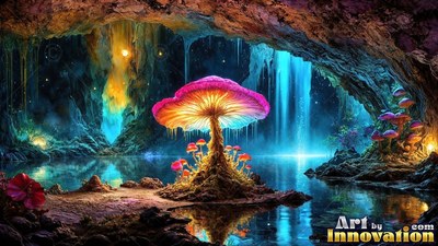 In a deep cave with blue water, a large pink mushroom shines on an island
