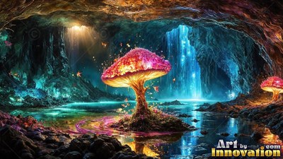 Standing in a shadowy cave pool, a pink giant mushroom shines near waterfalls