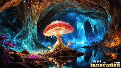 Red spotted mushroom inside a blue cavern with water pool
