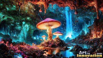 A large pink mushroom with a thick stem stands by water in a bright blue cave