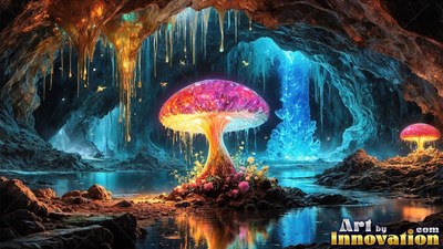 A large pink mushroom rises from a cave pool beside blue water