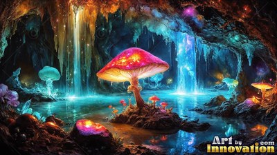 Standing upright in a cavern pool, a red mushroom beside waterfalls