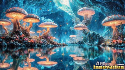 Bright orange mushrooms reflect in calm water inside a deep blue cave
