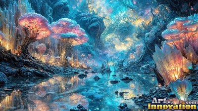 In a blue crystal forest, pink mushroom trees stand along a quiet pool
