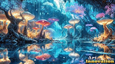 Shining over still blue water, giant mushrooms light up a quiet forest cave