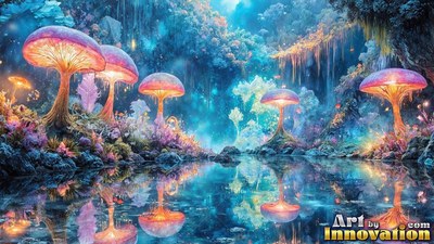 Pink giant mushrooms reflecting in a blue lake pool