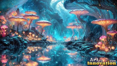Bright orange undersides light up large mushrooms growing beside a blue cave pool