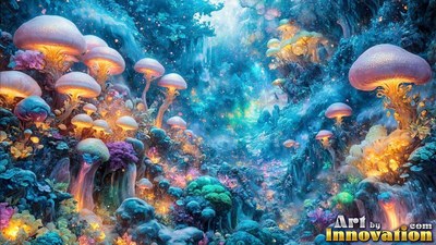 Giant mushrooms rise across a blue forest floor with warm yellow light under their caps