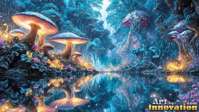 Standing upright beside a clear pond, giant mushrooms shine in a blue forest