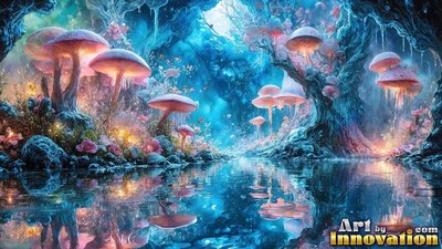 Pink mushrooms grow along a calm pool inside a bright blue cave