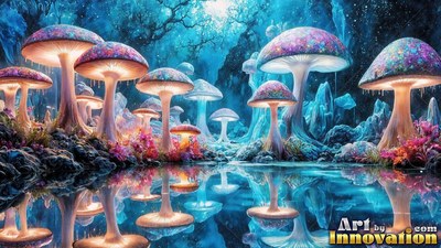 Beside a blue pool, tall spotted mushrooms reflect in the clear water