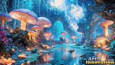 Shining over still water, giant pink mushrooms rise in a bright blue cavern