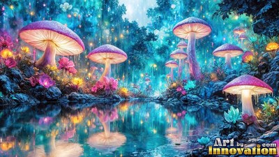Pink mushrooms by a pond in a blue forest