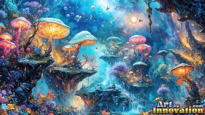 Yellow undersides of giant mushrooms stand on rocky ledges across a blue valley