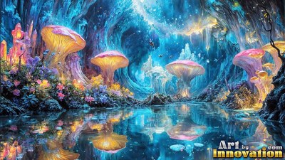 Giant mushrooms rise beside a calm pool, reflecting yellow light on the blue water