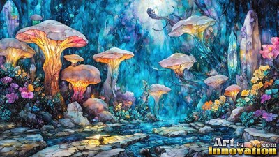 Standing upright along a stony path, giant mushrooms light up a blue forest