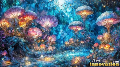 Stained colored glass mushrooms shine with warm yellow light in a deep blue forest