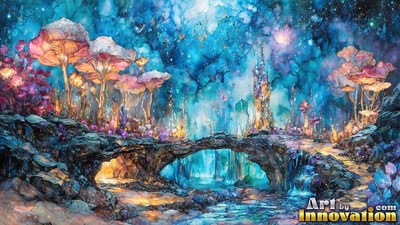 On a starry alien landscape, pink giant mushrooms grow above a stone bridge