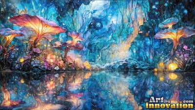 Shining over dark water, bright mushrooms reflect across a blue forest lake