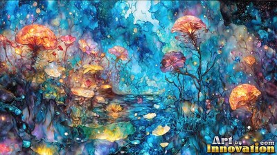 Orange mushrooms and flowers by a blue pool under starlight