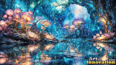 Pink light under wide mushroom caps shines across a dark blue pool in a rocky cavern