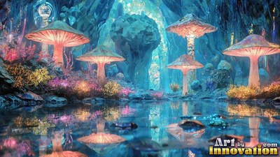 Tall mushrooms stand in a still cave pool, lit by soft pink and blue light