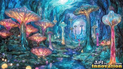 Standing tall in a blue cavern, giant mushrooms border a stream