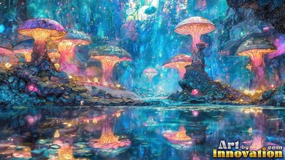 Giant pink and blue mushrooms rise beside a blue pool of water