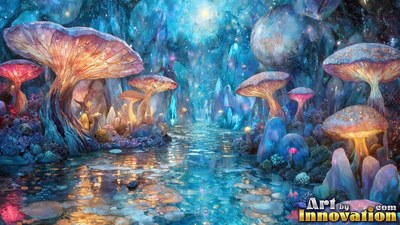 Along a shallow blue pool, giant orange mushrooms rise beside crystal rocks