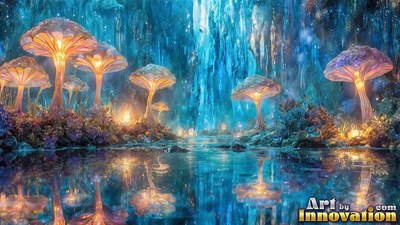 Shining over clear water, tall glass mushrooms light up a blue icy cavern