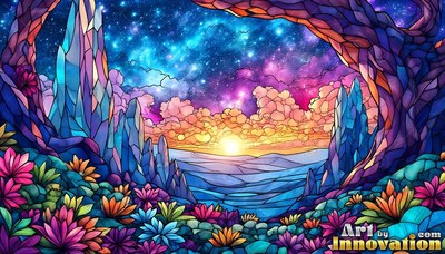Stained glass landscape with crystal spires at sunset