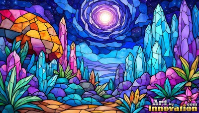 A yellow mushroom cap beside blue crystal spires in a colored glass landscape under a bright moon